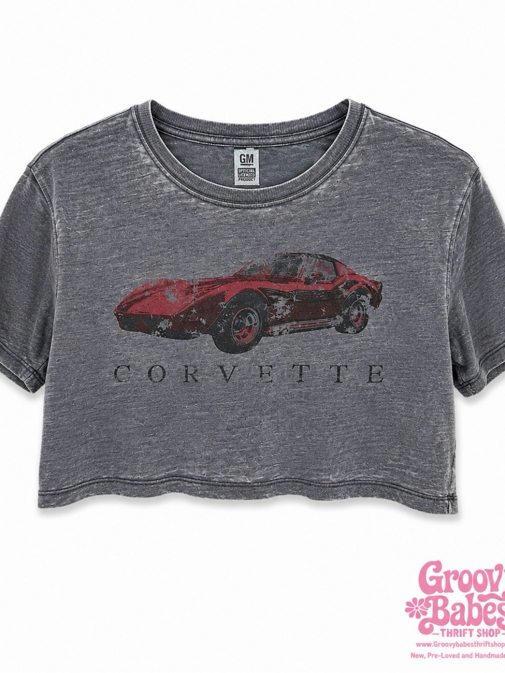 GM Corvette Graphic Crop Tee - Gray with Red Car